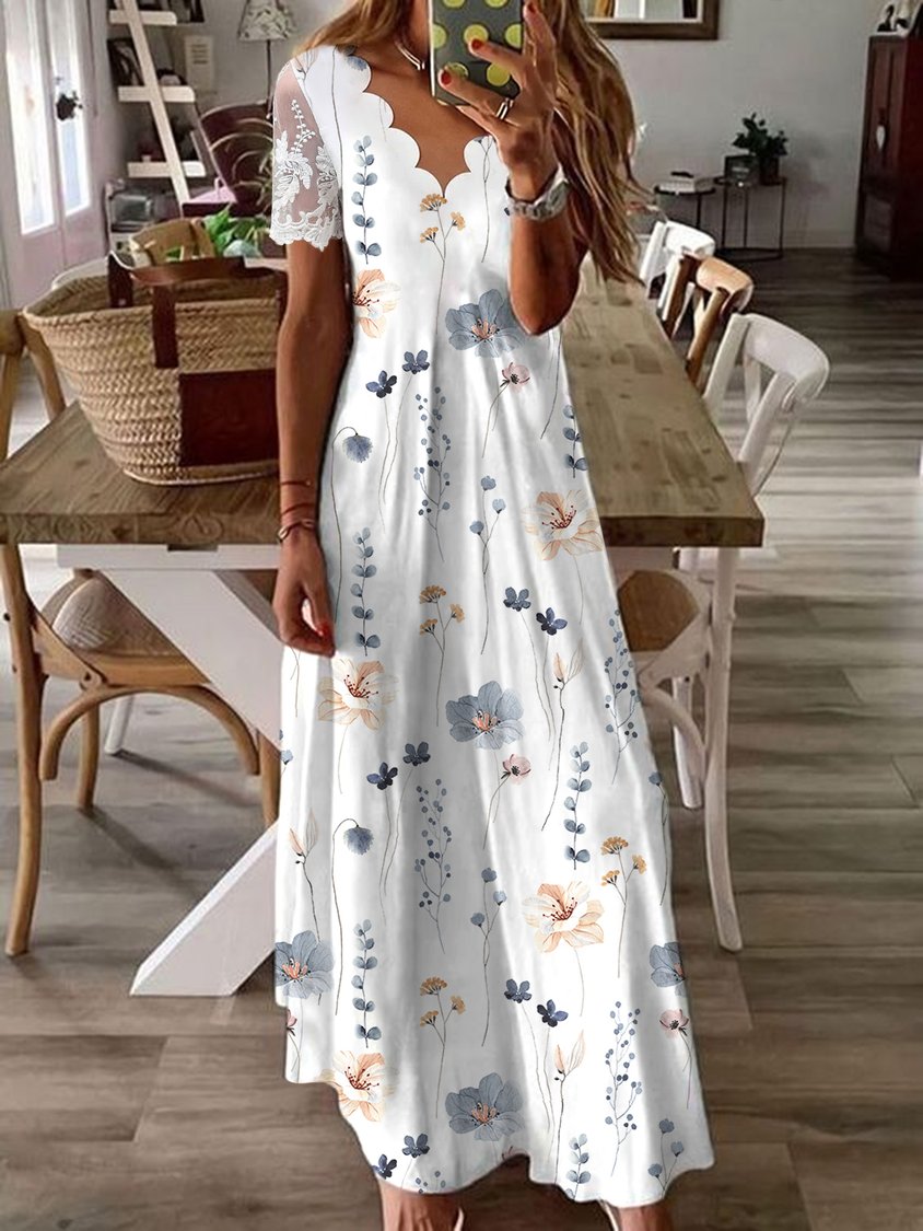 White Casual V Neck Floral Printed Short Sleeve Dress