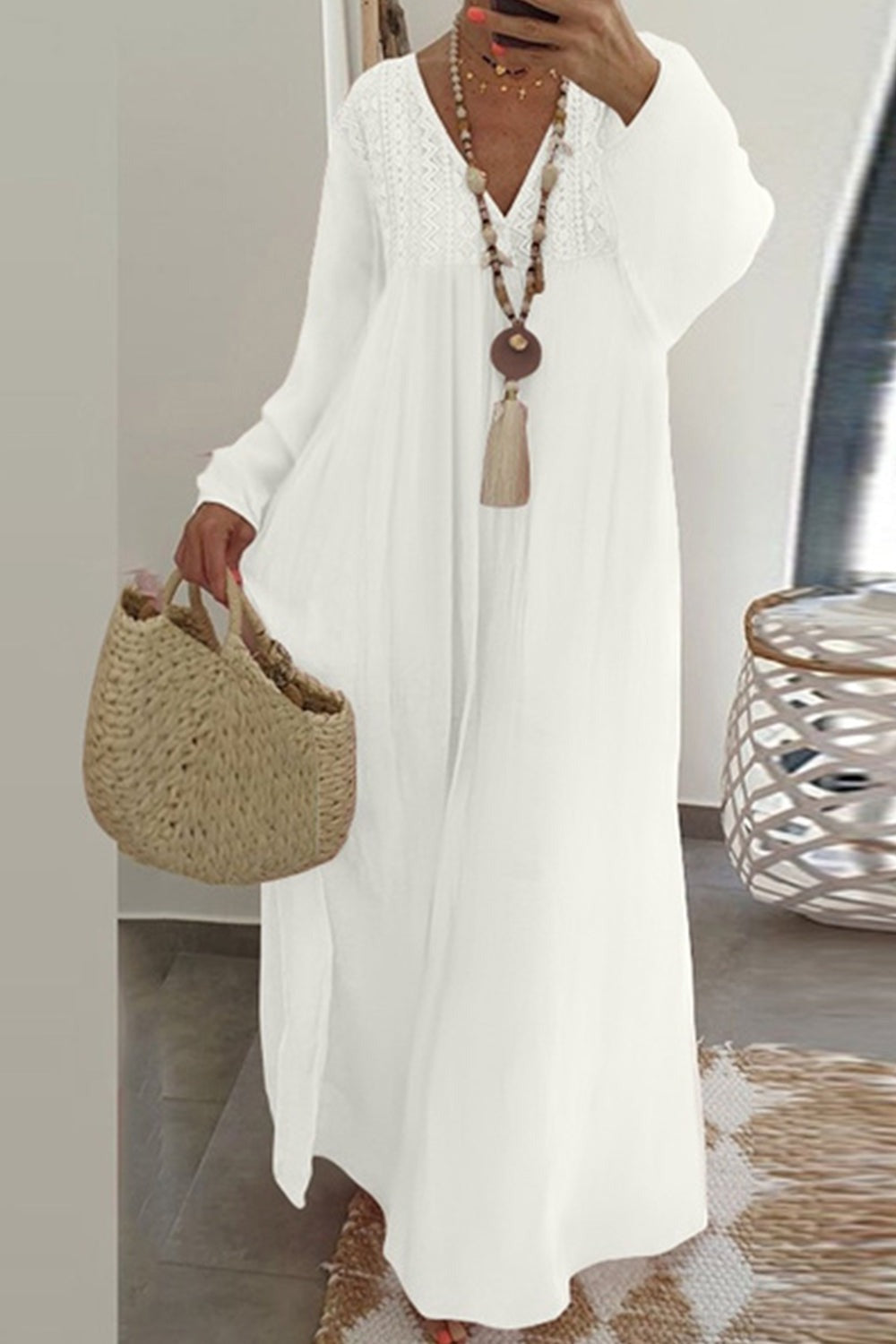 Casual V Neck Long Sleeve White Maxi Dress