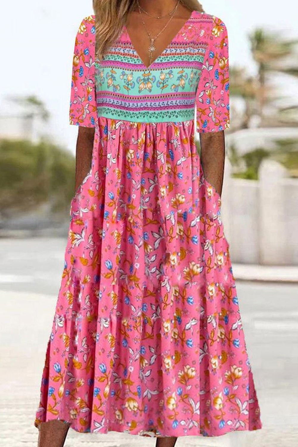 V-neck Half Sleeve Floral Vacation Loose Midi Dress