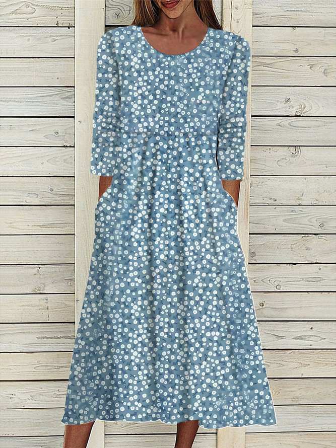 Loose Casual Ditsy Floral Crew Neck Long Sleeve Midi Dress