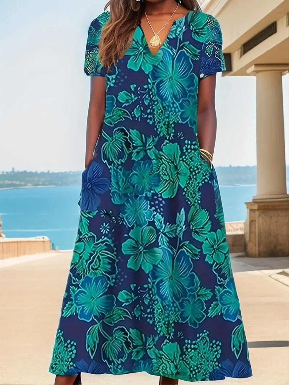 Casual Loose Floral V Neck 3/4 Sleeves Midi Dress