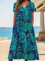 Casual Loose Floral V Neck 3/4 Sleeves Midi Dress