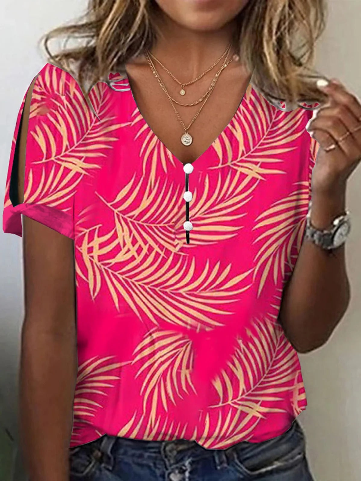 Leaf Print V-Neck Casual Button-Down T-Shirt