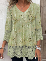 Women'S Round Neck Three Quarter Sleeve Floral Lace Loose Shirt