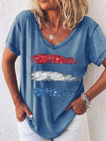 Women's Abstract American Flag V Neck Simple Loose T-Shirt