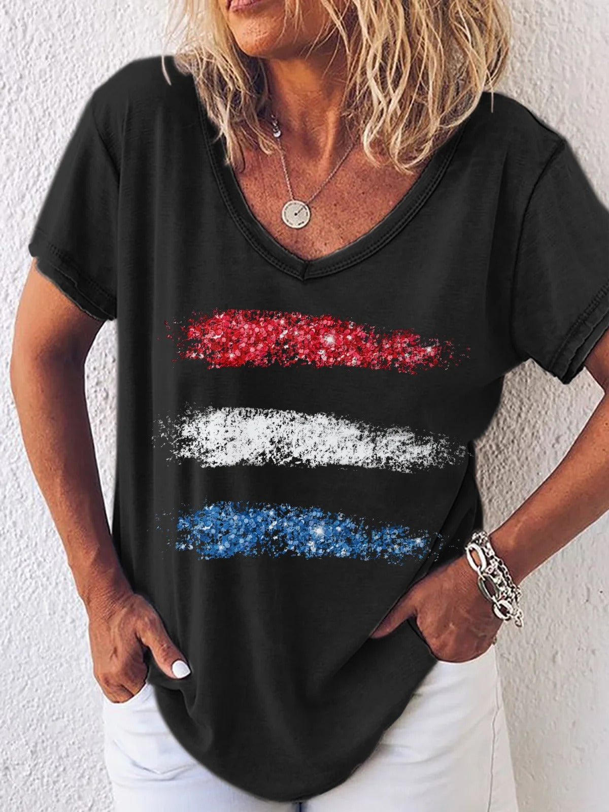 Women's Abstract American Flag V Neck Simple Loose T-Shirt