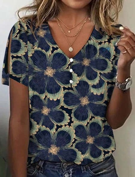 Buckle Floral V-neck Short Sleeve Loose Casual T-Shirt
