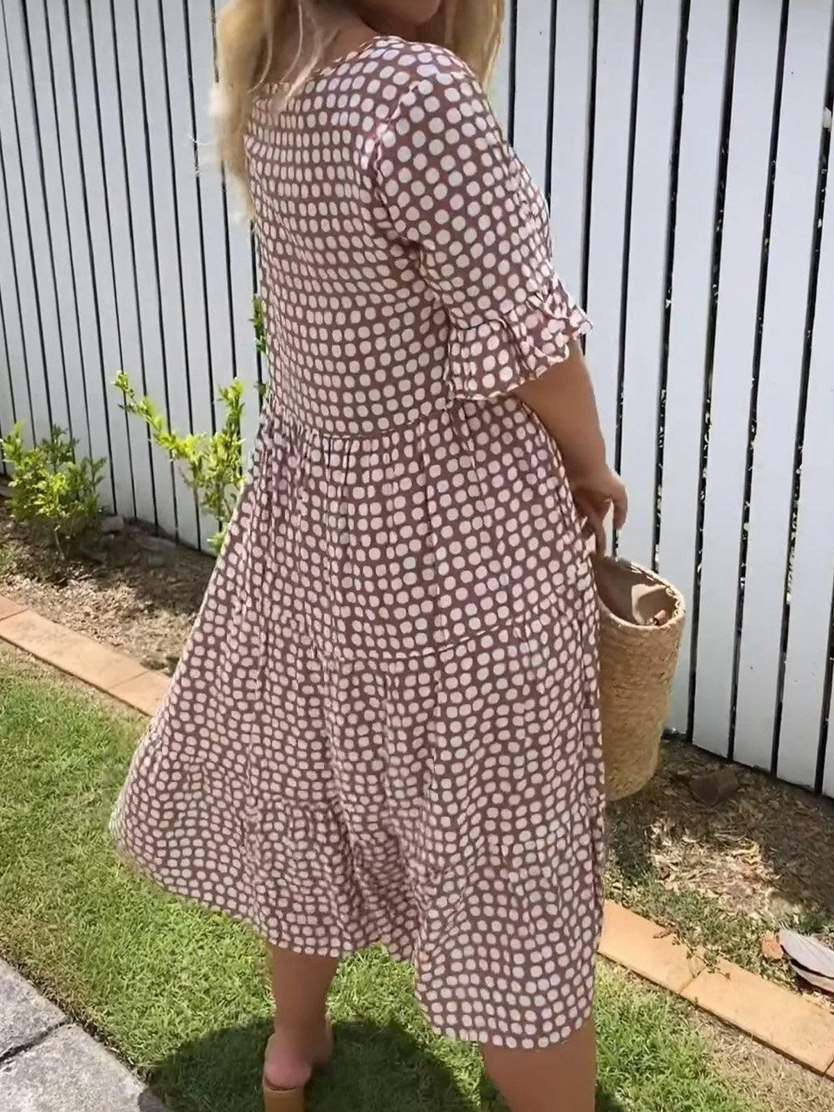 Women's Polka Dots Crew Neck Half Sleeve Comfy Casual Midi Dress