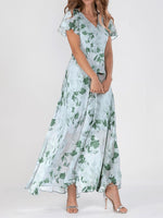 Women's Aqua Floral Chiffon V Neck Ruffled Short Sleeves Maxi A-Line Dress