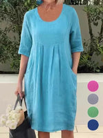 Casual Plain Crew Neck Pocket Stitching Short Sleeve Midi Dress