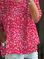 Flower Print Crew Neck 3/4 Sleevess Comfy Blouse