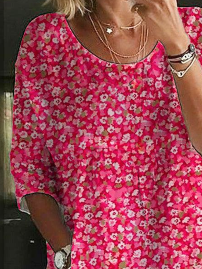 Flower Print Crew Neck 3/4 Sleevess Comfy Blouse