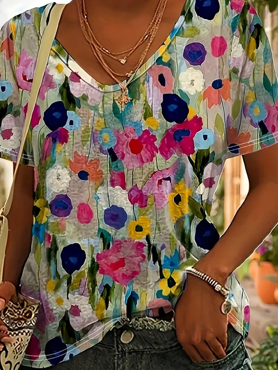 Floral Print Crew Neck Short Sleeves Loose T-shirt