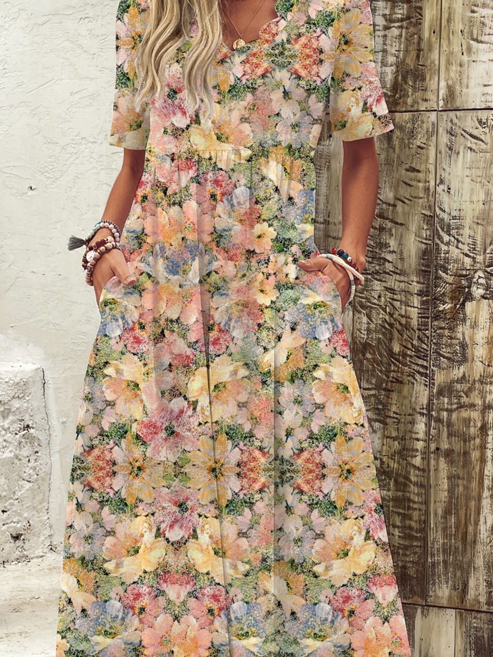 Flower Print V-neck Short Sleeves Casual Maxi Dress