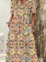 Flower Print V-neck Short Sleeves Casual Maxi Dress