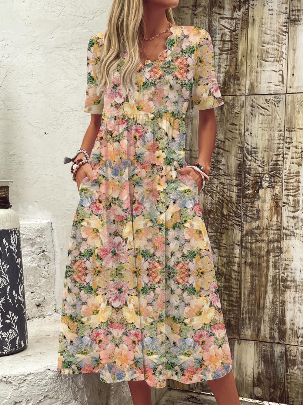 Flower Print V-neck Short Sleeves Casual Maxi Dress