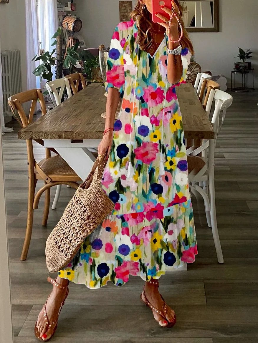 Elegant Floral V-neck Half Sleeves With Sashes Front Slit Maxi Dress