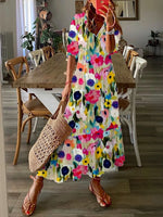 Elegant Floral V-neck Half Sleeves With Sashes Front Slit Maxi Dress