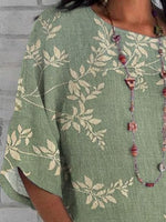 Leaf Print Crew Neck Half Sleeves Loose Blouse