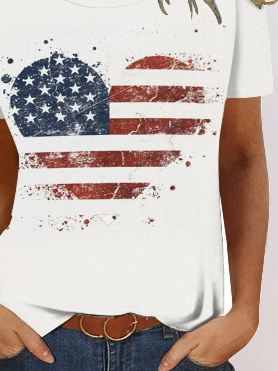 America Flag Print Crew Neck Short Sleeves Casual Loose T-shirt