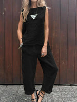 Plain Round Neck Sleeveless Casual Top With Pants Two-Piece Suits