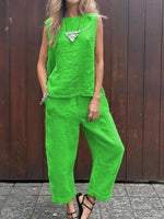 Plain Round Neck Sleeveless Casual Top With Pants Two-Piece Suits