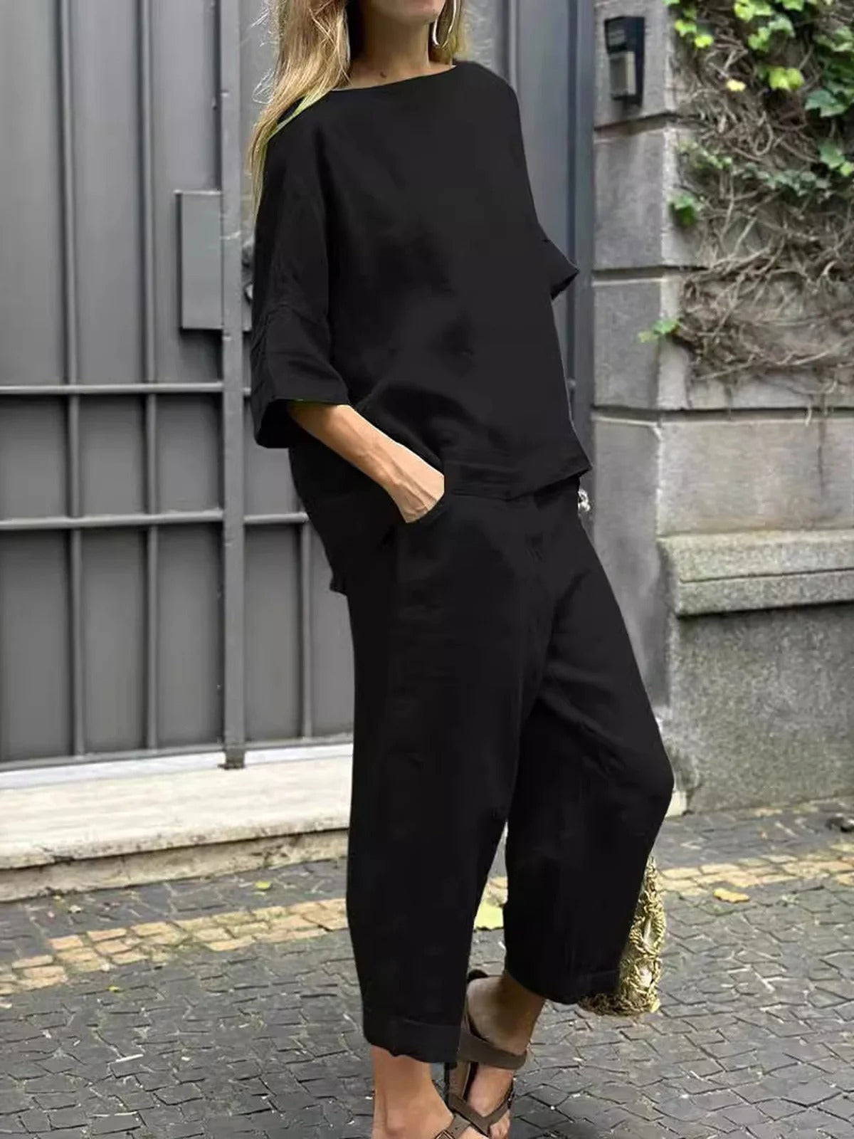 Crew Neck 3/4 Sleevess Loose Top With Pants Two-Piece Suits