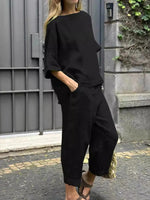Crew Neck 3/4 Sleevess Loose Top With Pants Two-Piece Suits