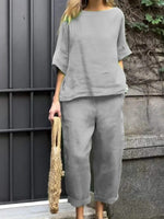 Crew Neck 3/4 Sleevess Loose Top With Pants Two-Piece Suits