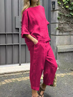 Crew Neck 3/4 Sleevess Loose Top With Pants Two-Piece Suits