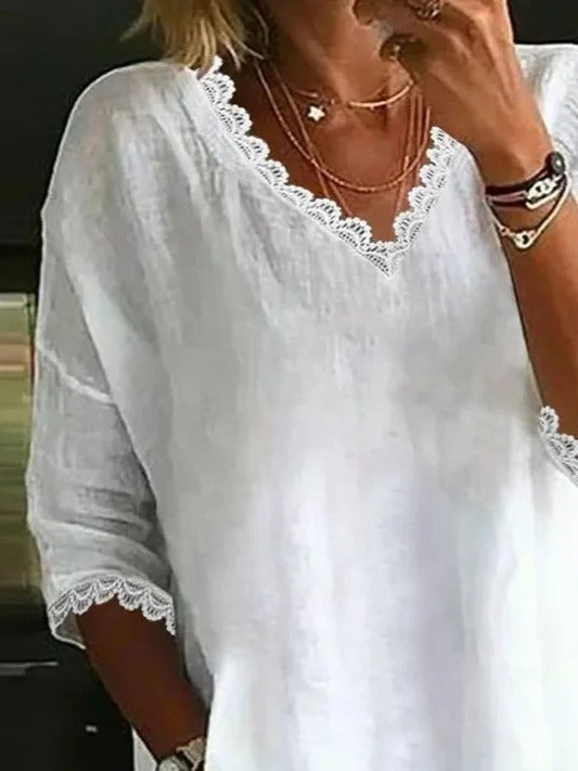 White Lace V-neck 3/4 Sleevess casual Blouse