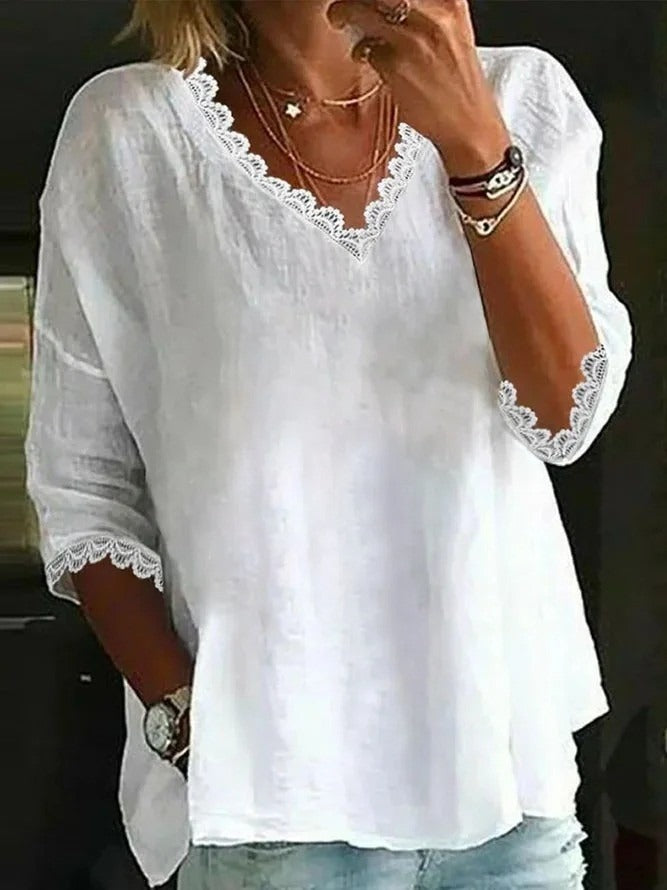 White Lace V-neck 3/4 Sleevess casual Blouse
