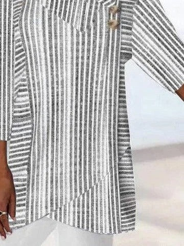 Stripe Asymmetrical Neck 3/4 Sleevess Buttons Comfy Blouse