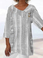 Stripe Asymmetrical Neck 3/4 Sleevess Buttons Comfy Blouse