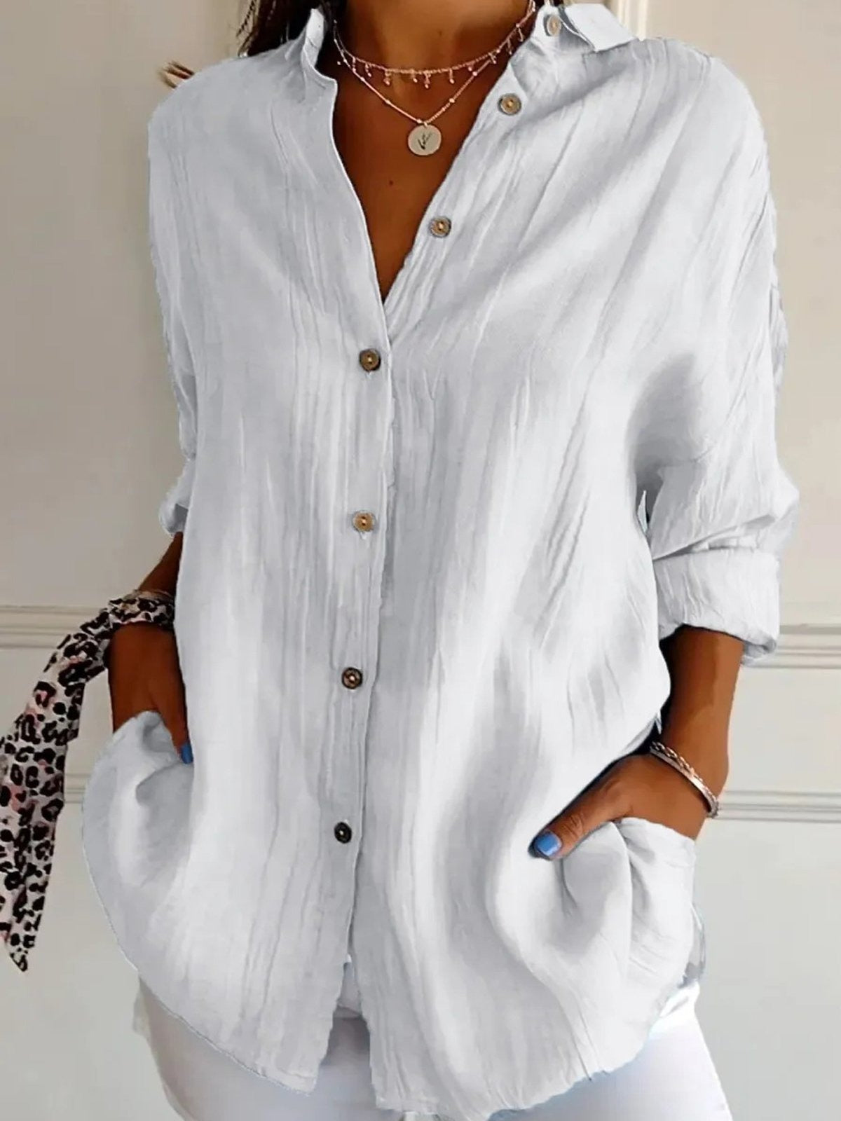 Solid Color Shirt Collar Loose Sleeves Casual T-shirt