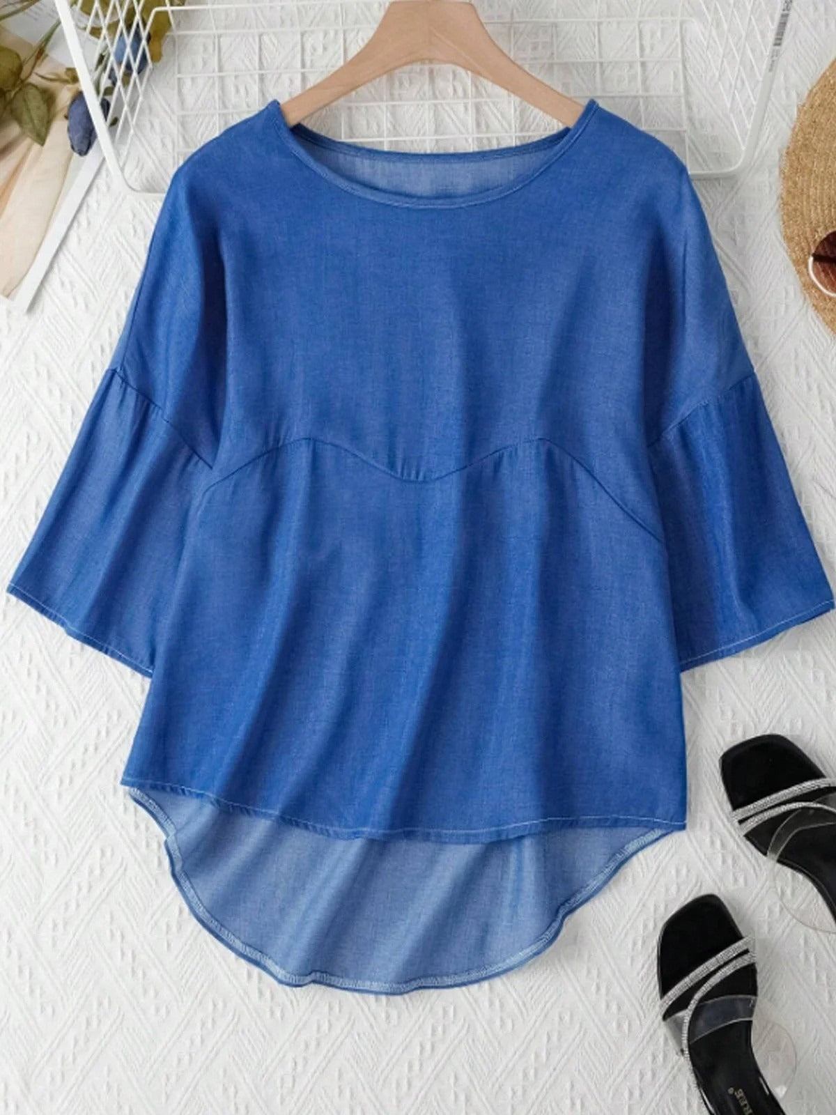 Blue Crew Neck Half Sleeves Loose Blouse
