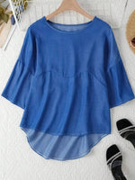 Blue Crew Neck Half Sleeves Loose Blouse
