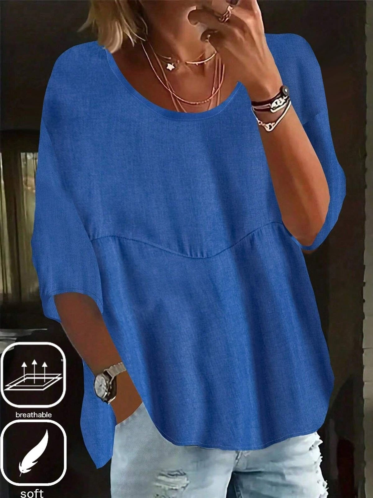 Blue Crew Neck Half Sleeves Loose Blouse