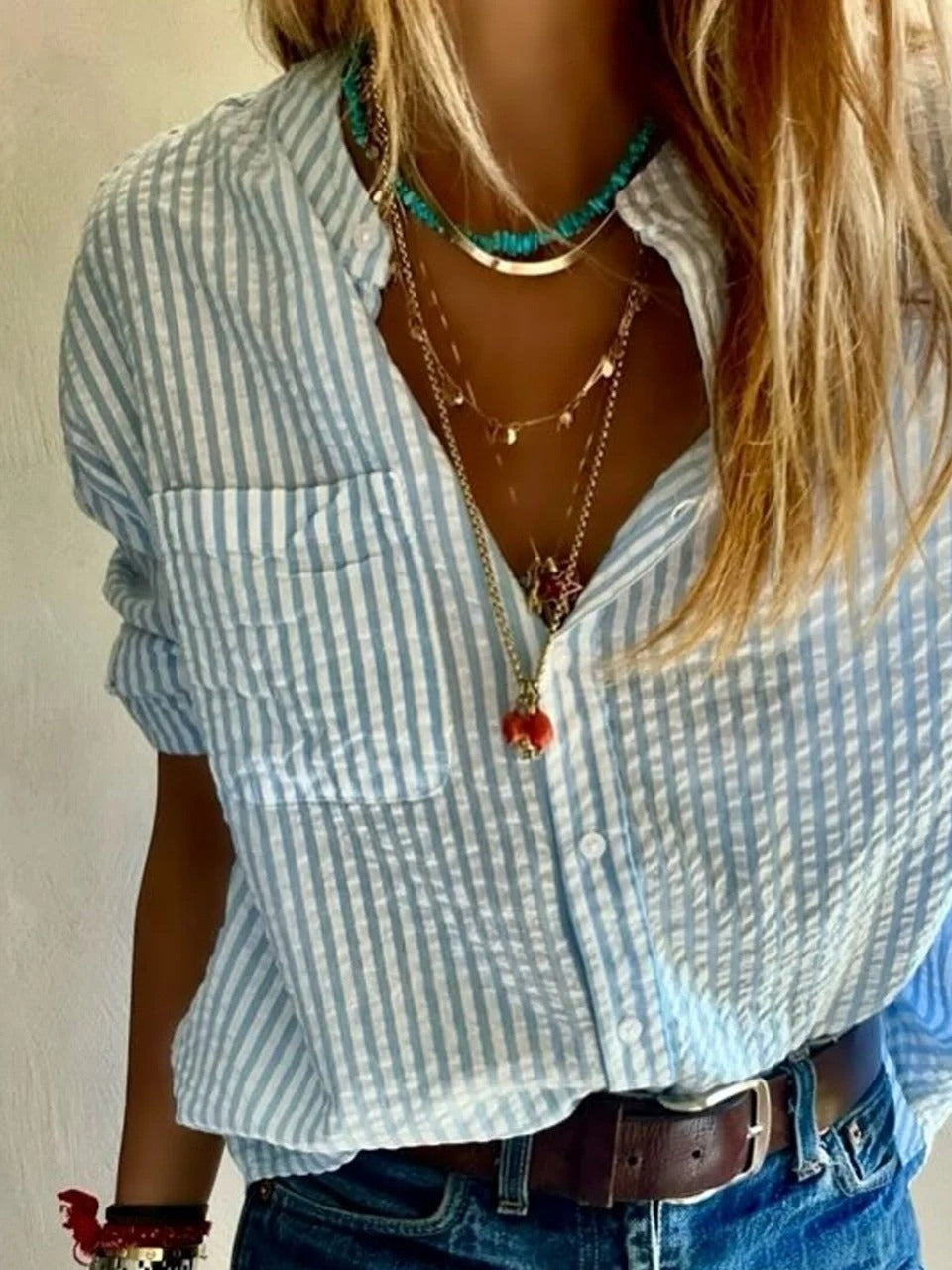 Stripe Crew Neck Long Sleeves Elegant Blouse