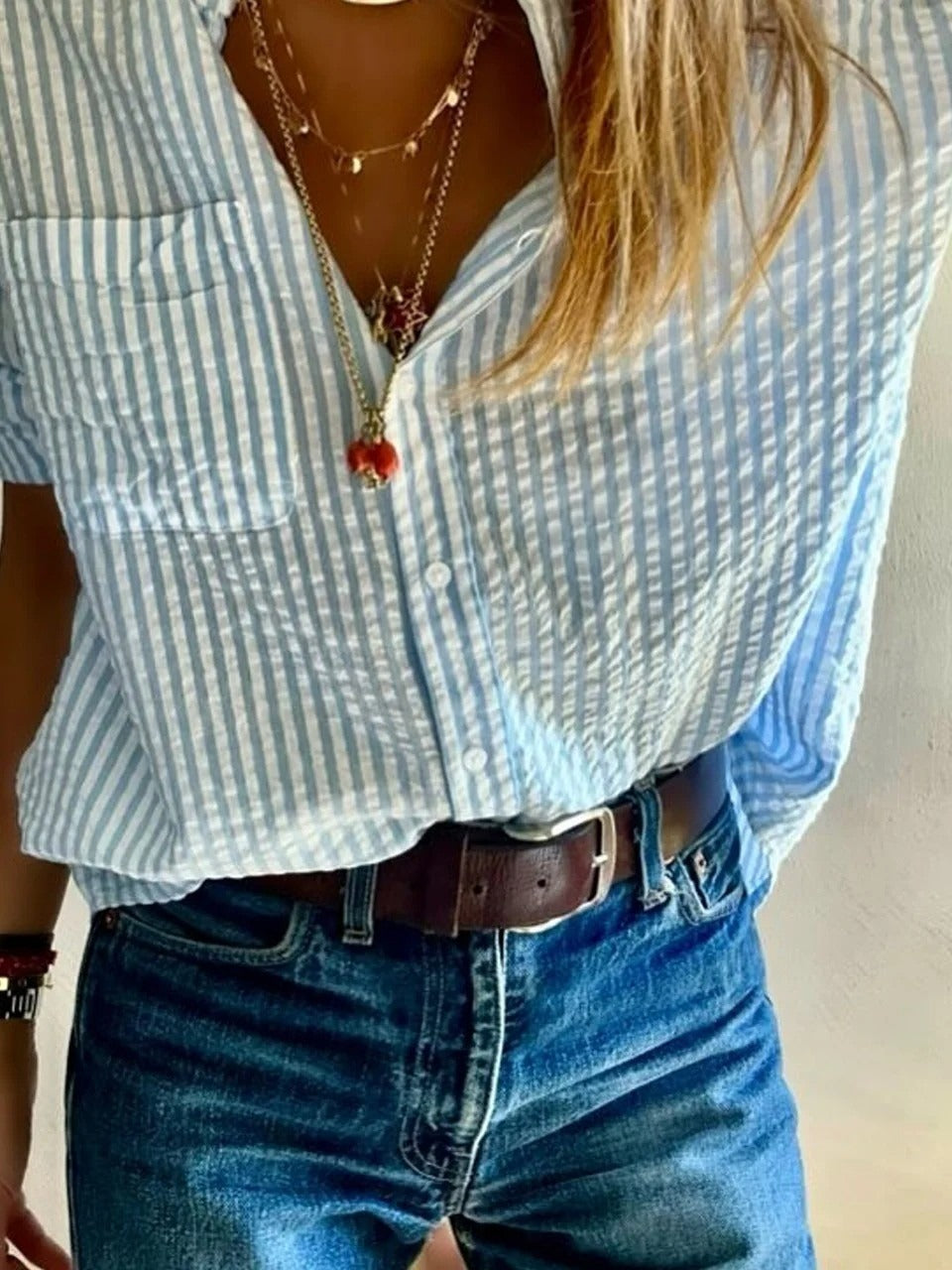 Stripe Crew Neck Long Sleeves Elegant Blouse