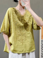 Floral Embroidery V-neck Loose Casual Shirt