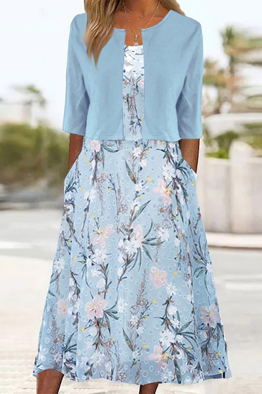 Round Neck Half Sleeve Floral Pattern Two Piece Midi Dress