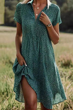 Fashion Casual Polka Dot Shirt Collar Short Sleeve Midi Dress
