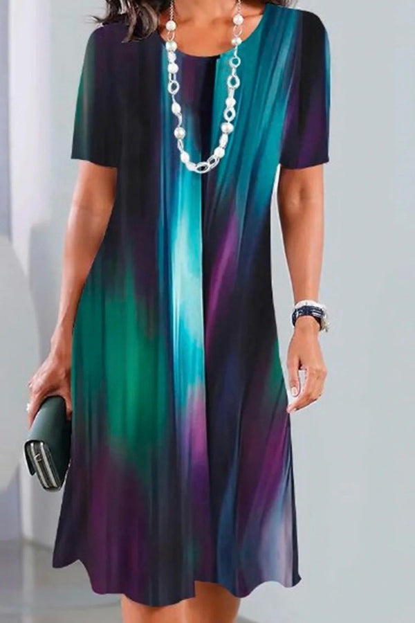 Women's Random Print Crew Neck Short Sleeve Comfortable Casual Pocket Stitching Midi Dress