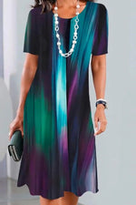 Women's Random Print Crew Neck Short Sleeve Comfortable Casual Pocket Stitching Midi Dress