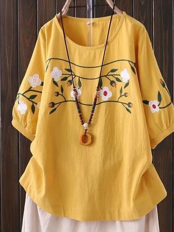 Cotton and Linen Casual Crew Neck Shirt with Embroidery Patterns