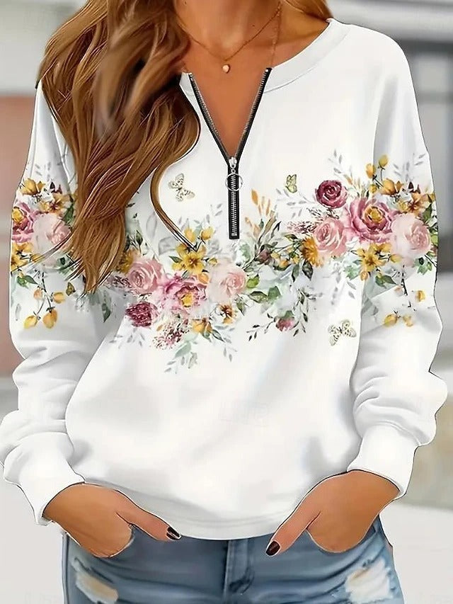 White Casual Zip V Neck Long Sleeve Relaxed Sweatshirt