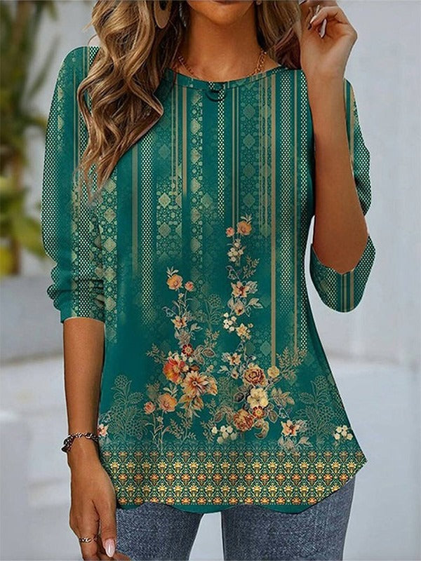 Green Floral Design Long Sleeve Elegant Blouse