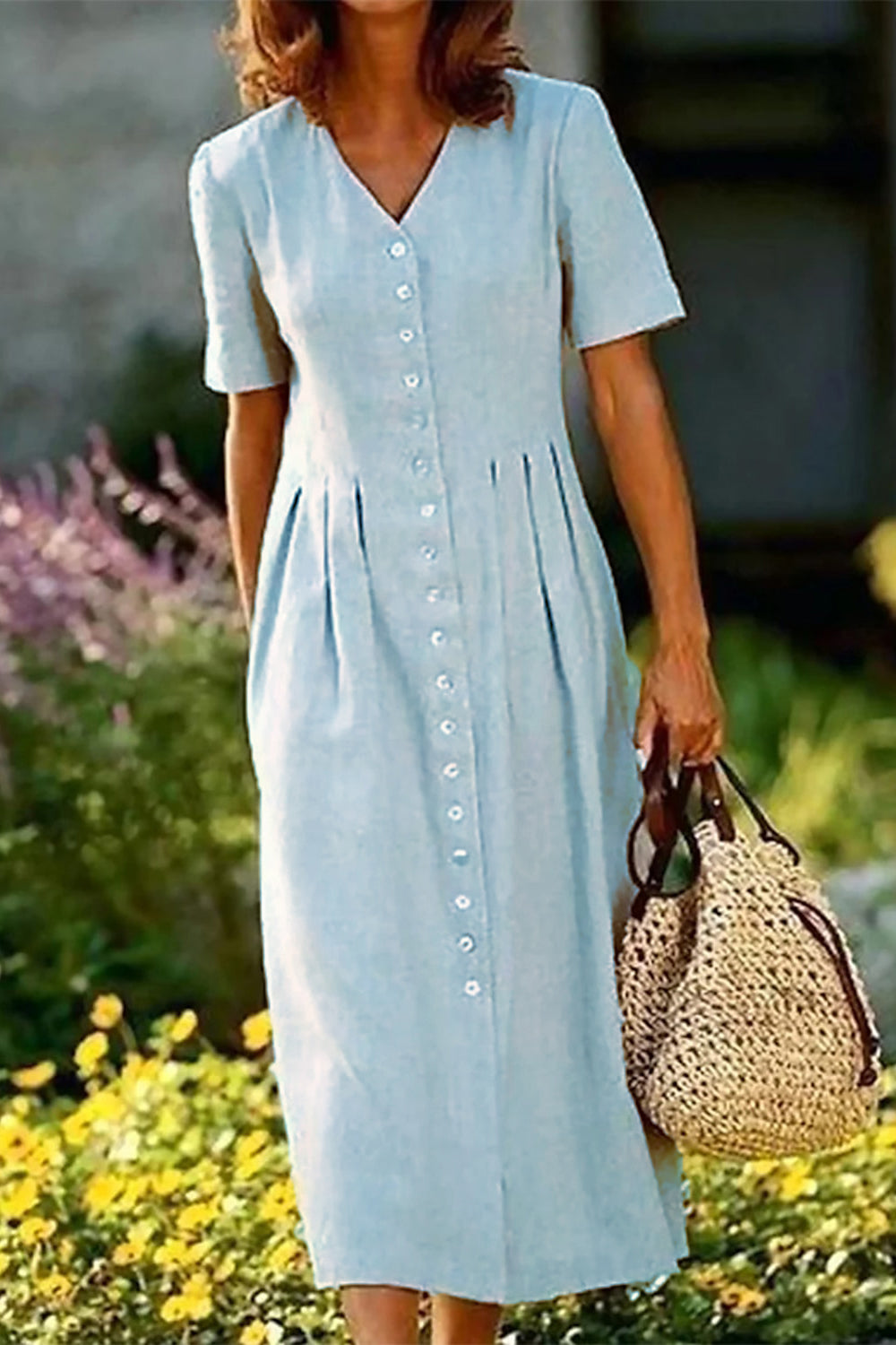 Casual Solid Color Cotton Linen Plain Midi Dress