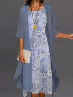 Casual Floral Print Two Piece Jacket Midi Dress